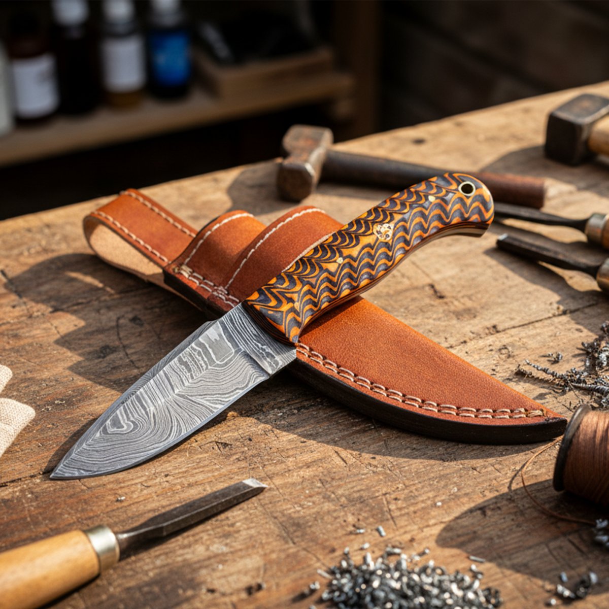8' Damascus knife with leather sheath  Grooved handle