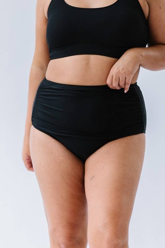 Black High Waisted Ruched Swim Bottoms: Black, L