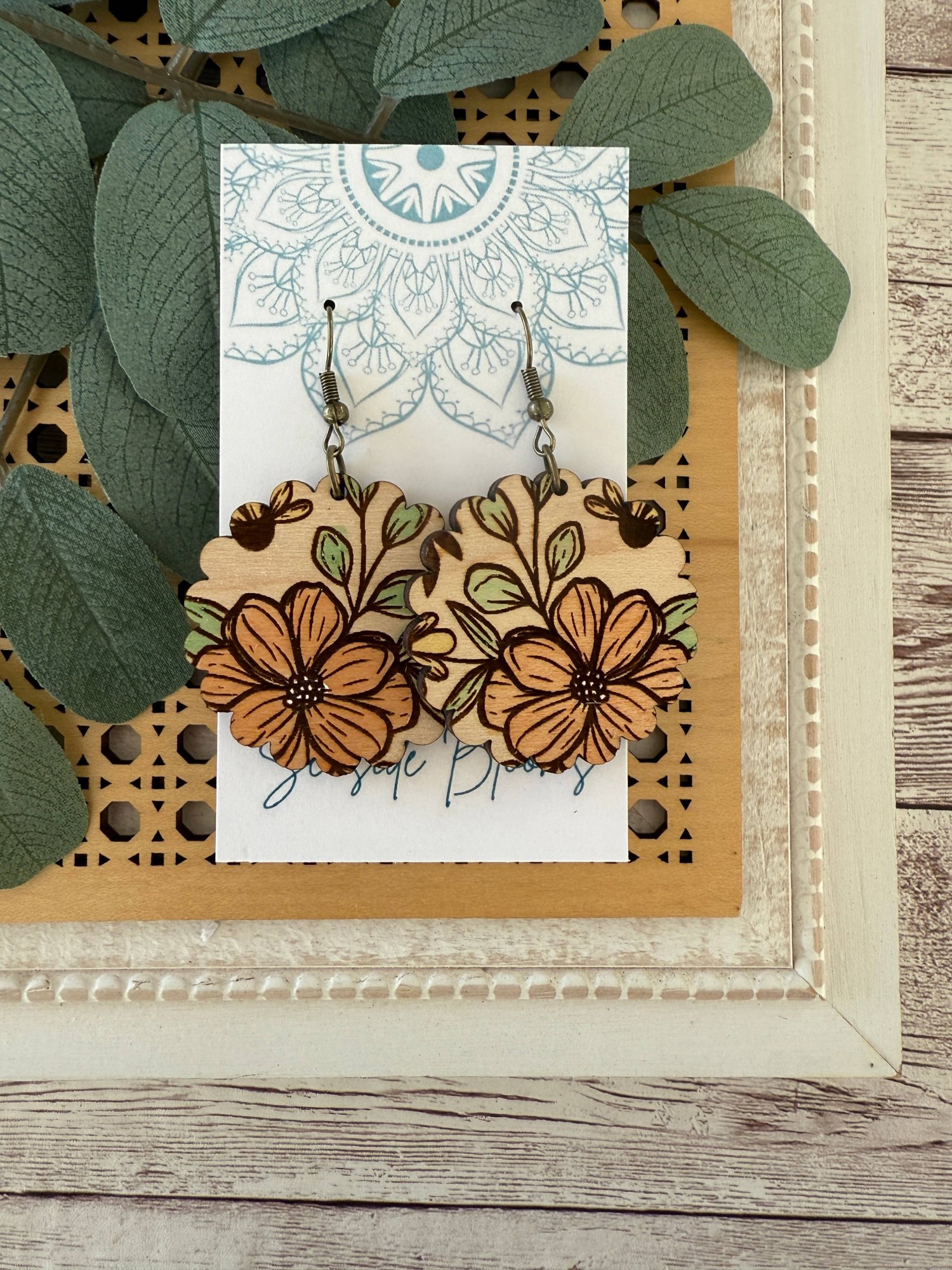 Boho Hand painted lightweight maple wood earrings