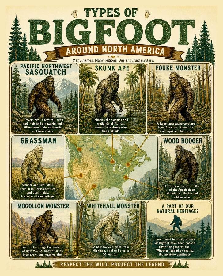 Illustrated Guide to Bigfoot Types Across North America - Vintage Americana Cryptid Wall Art for Folklore Enthusiasts