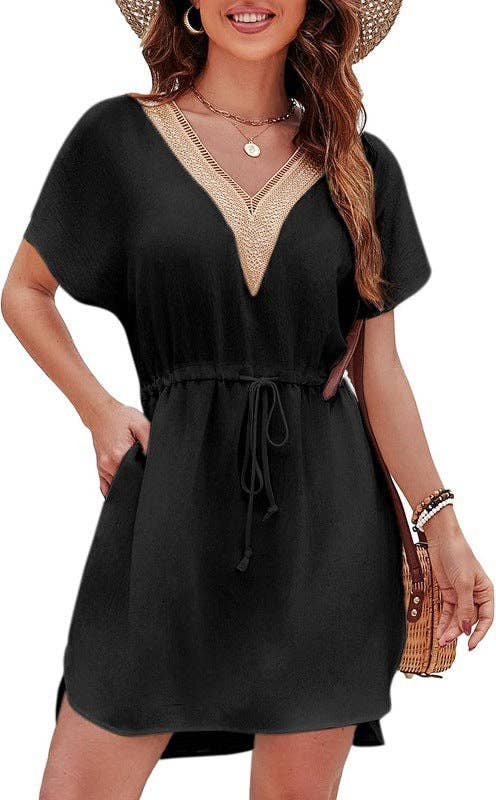 Short Sleeve Boho Cover Up Dress with Crochet Detail: Black, M