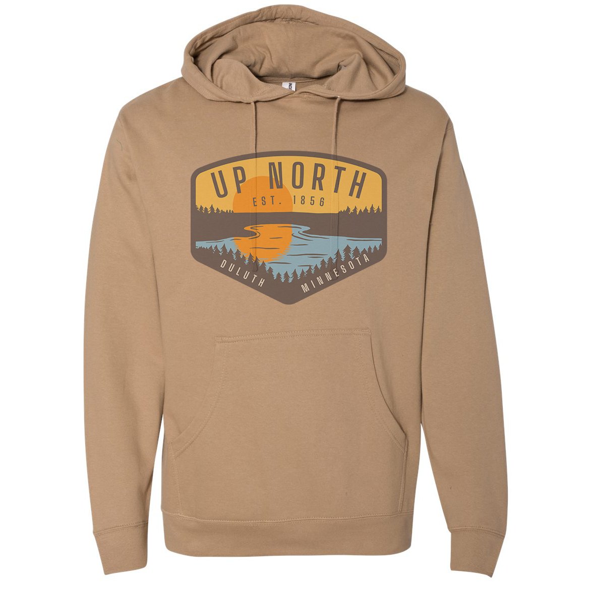Sunset Lake Trees Pullover Hoodie: Sand, LARGE