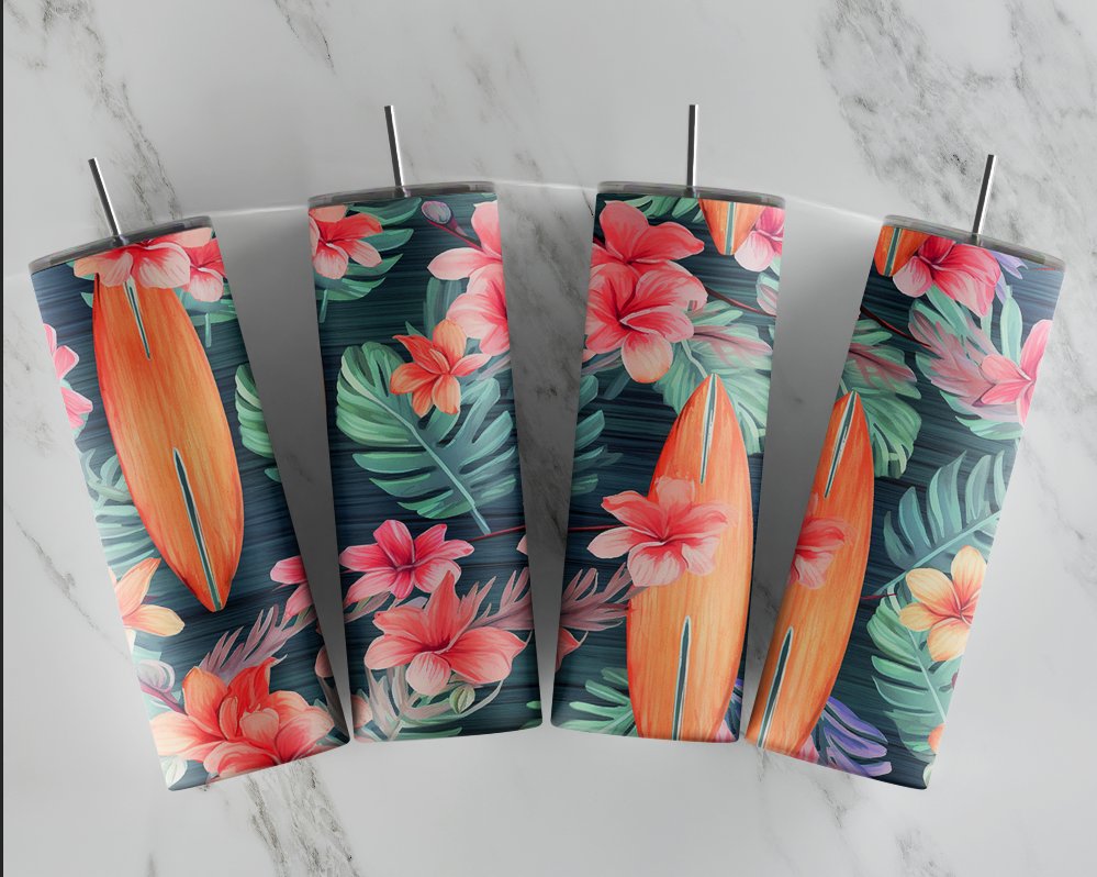 Surfboard Floral Tumbler, Summer Surfboard Tumbler